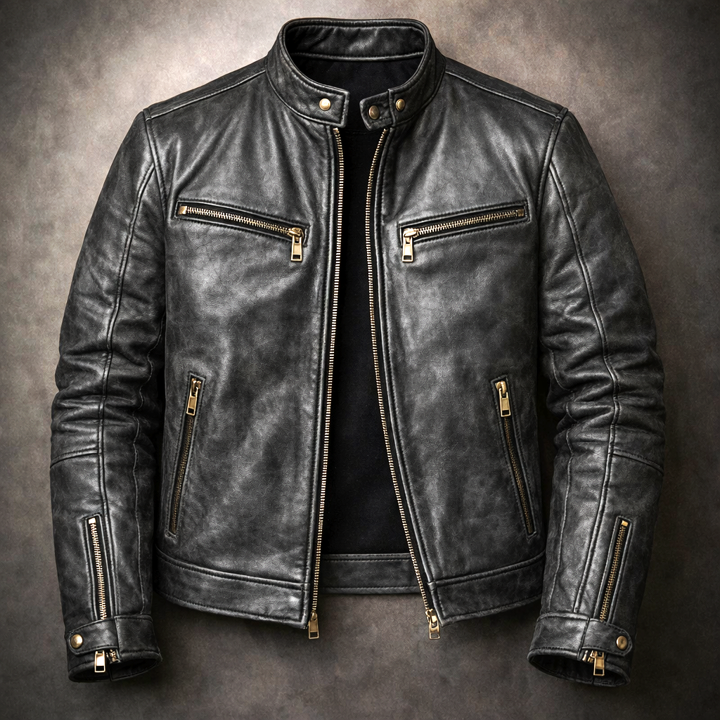 Remington - Men's Vintage Leather Moto Jacket with Gold Zip Hardware