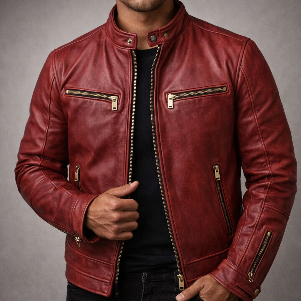 Remington - Men's Vintage Leather Moto Jacket with Gold Zip Hardware