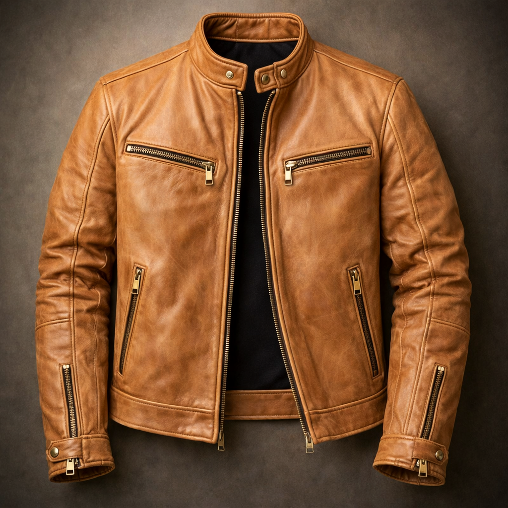 Remington - Men's Vintage Leather Moto Jacket with Gold Zip Hardware