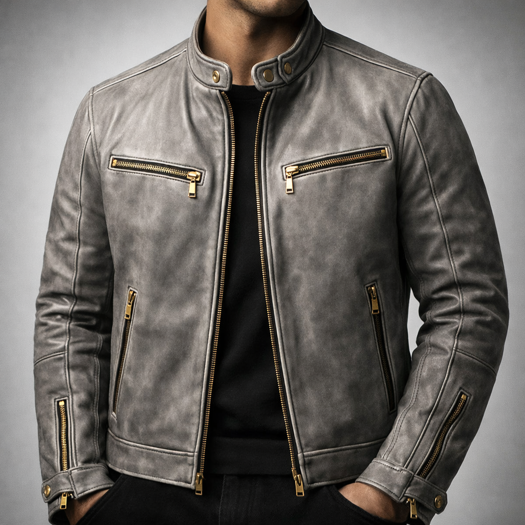 Remington - Men's Vintage Leather Moto Jacket with Gold Zip Hardware