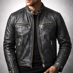 Remington - Men's Vintage Leather Moto Jacket with Gold Zip Hardware