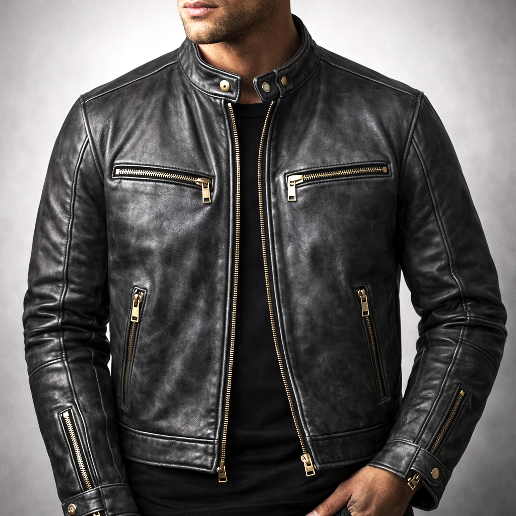 Remington - Men's Vintage Leather Moto Jacket with Gold Zip Hardware