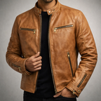Remington - Men's Vintage Leather Moto Jacket with Gold Zip Hardware