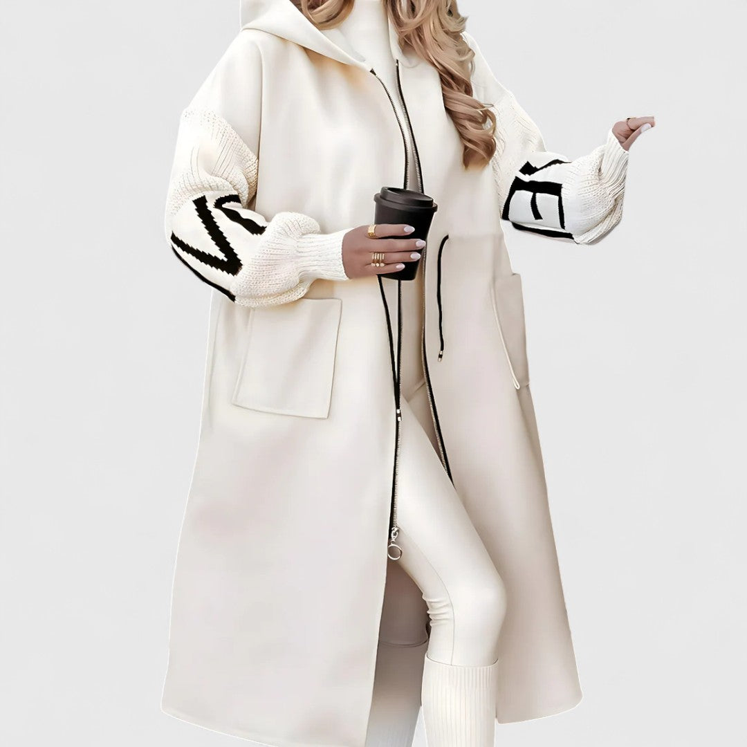 Rosette - Women's Hooded Zip-Front Coat with Ribbed Knit Cuffs