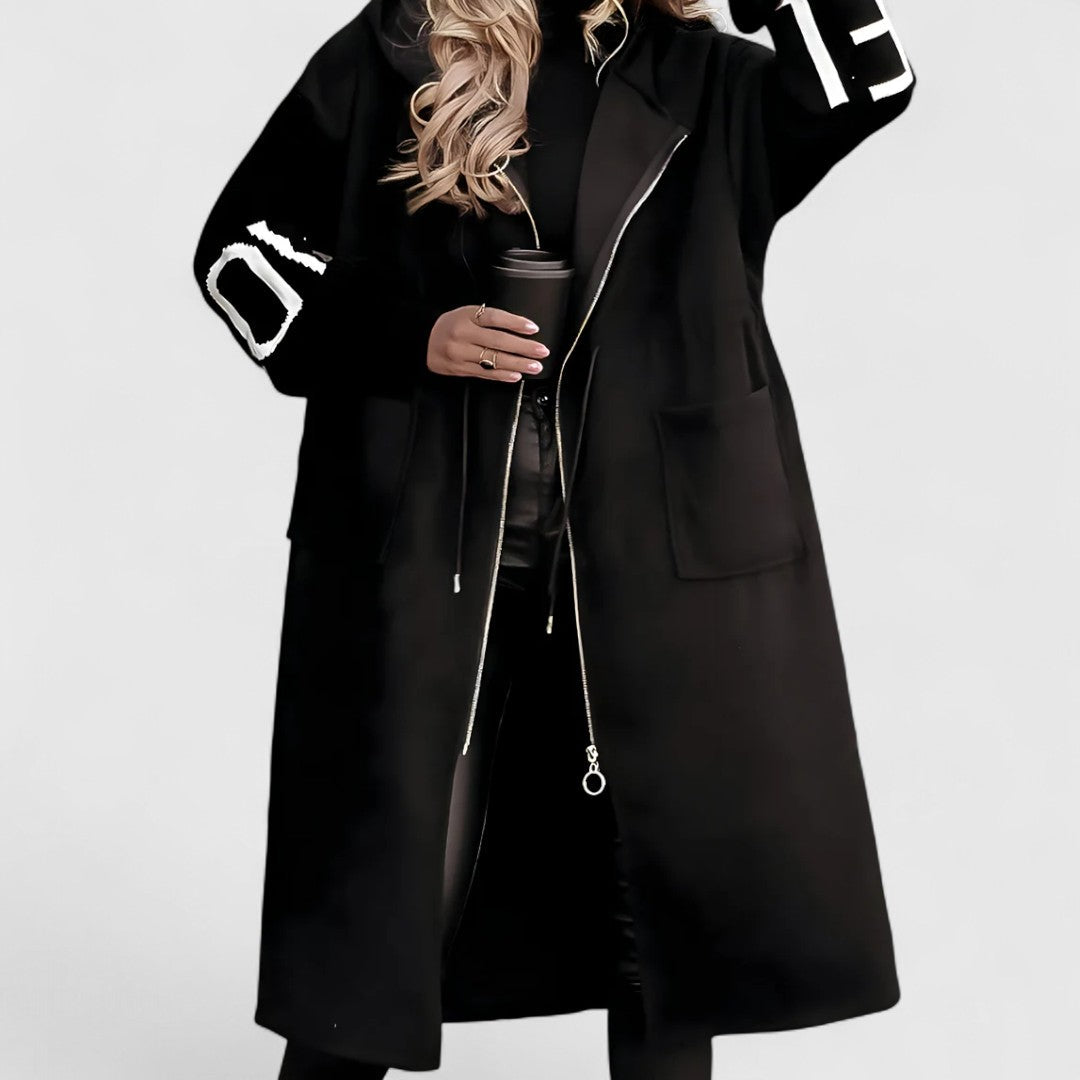 Rosette - Women's Hooded Zip-Front Coat with Ribbed Knit Cuffs