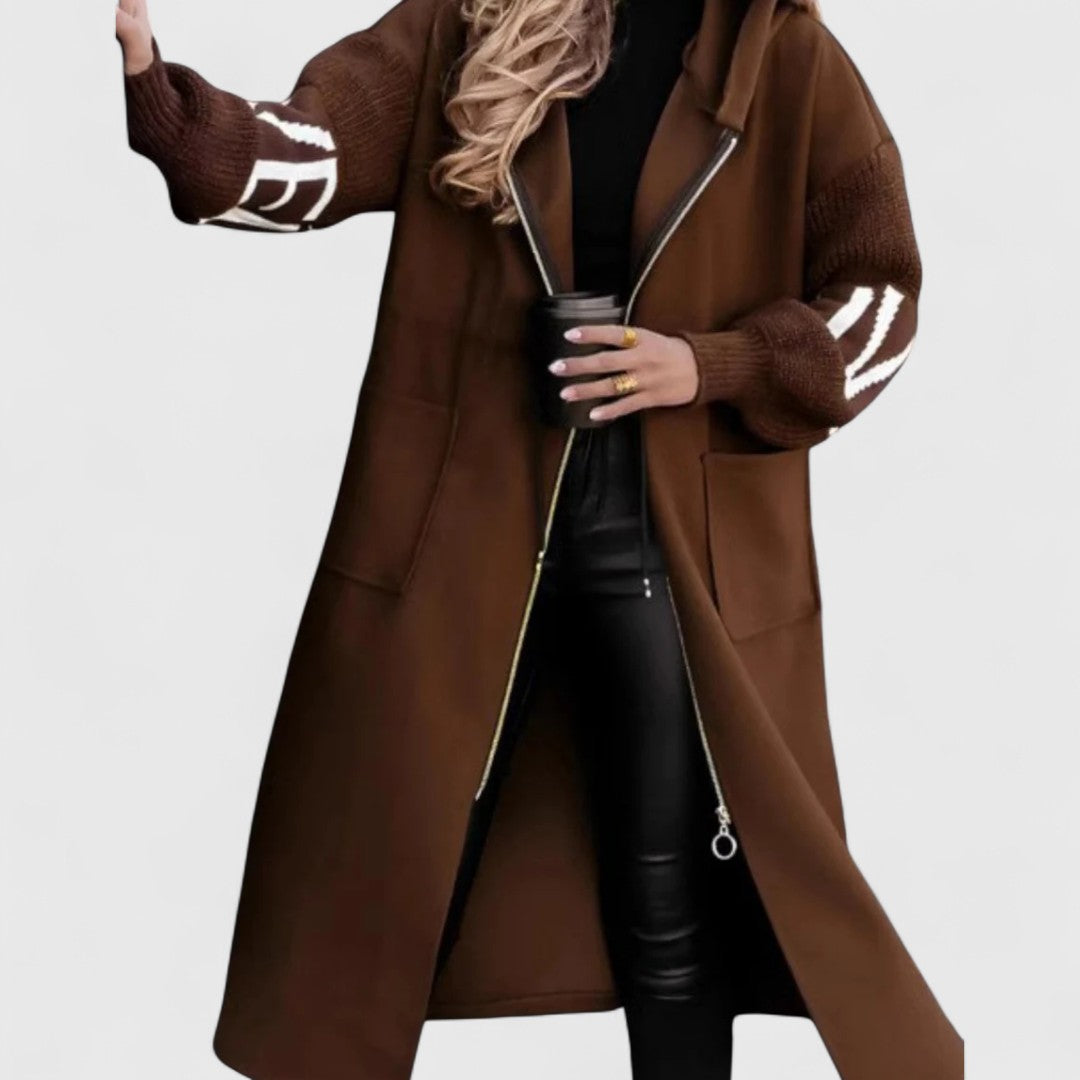 Rosette - Women's Hooded Zip-Front Coat with Ribbed Knit Cuffs