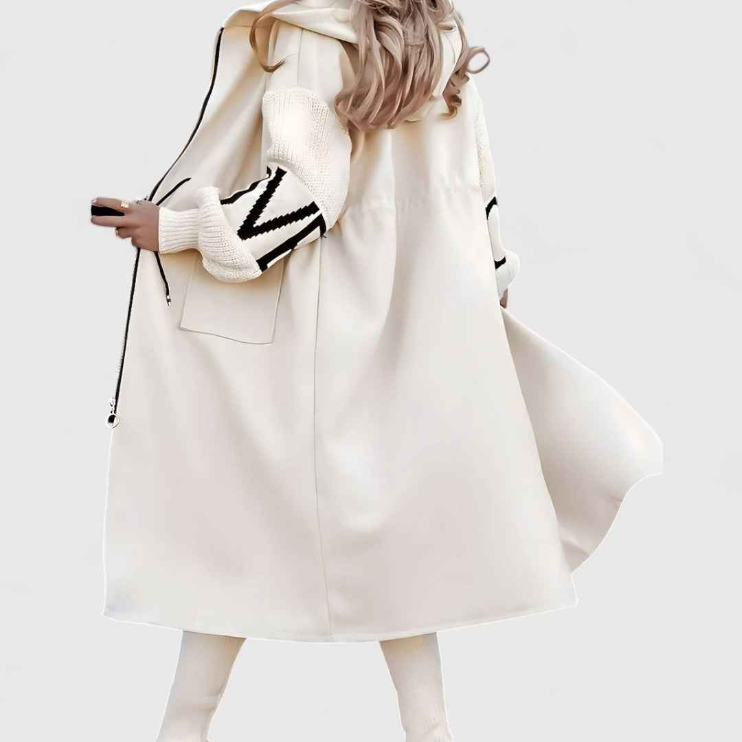 Rosette - Women's Hooded Zip-Front Coat with Ribbed Knit Cuffs
