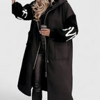 Rosette - Women's Hooded Zip-Front Coat with Ribbed Knit Cuffs