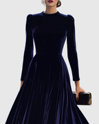 Roslyn - Women's Long-Sleeve Velvet Midi Dress with Puffed Shoulders