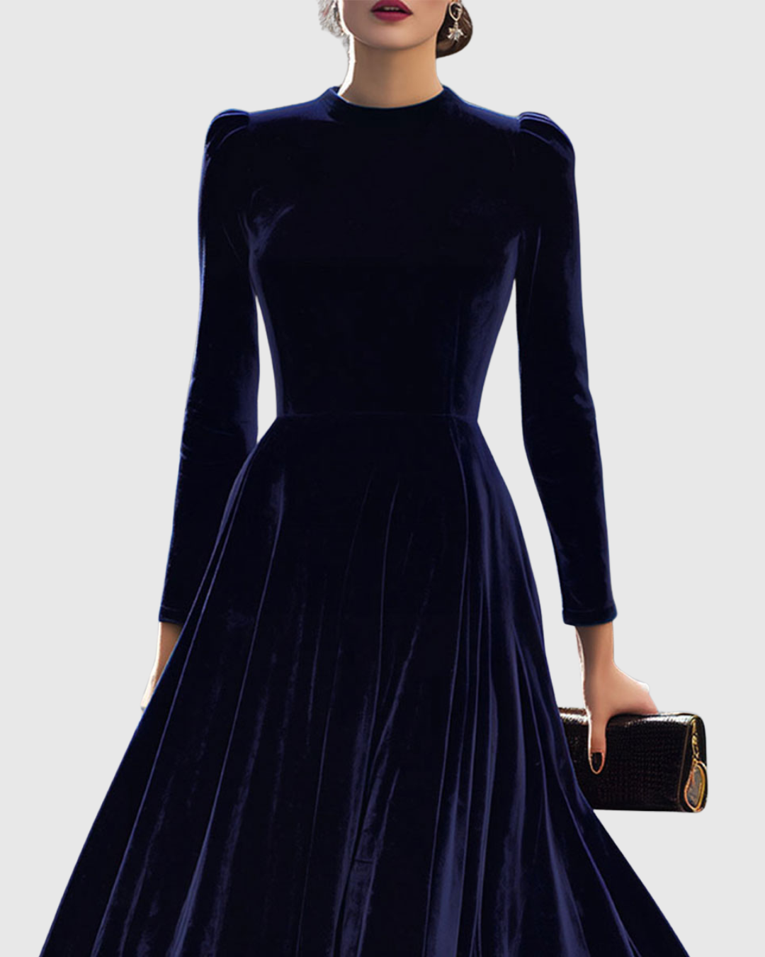 Roslyn - Women's Long-Sleeve Velvet Midi Dress with Puffed Shoulders