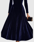 Roslyn - Women's Long-Sleeve Velvet Midi Dress with Puffed Shoulders