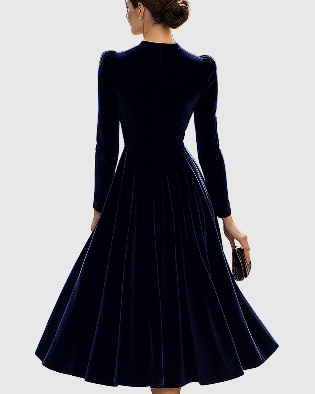 Roslyn - Women's Long-Sleeve Velvet Midi Dress with Puffed Shoulders