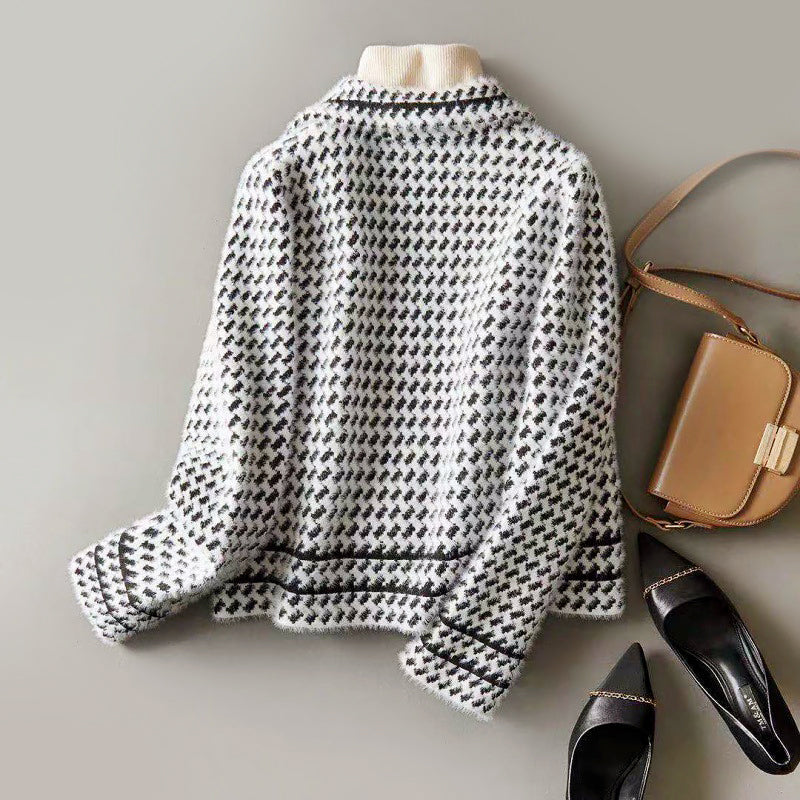 Savannah - Women's Cropped Houndstooth Double-Breasted Jacket