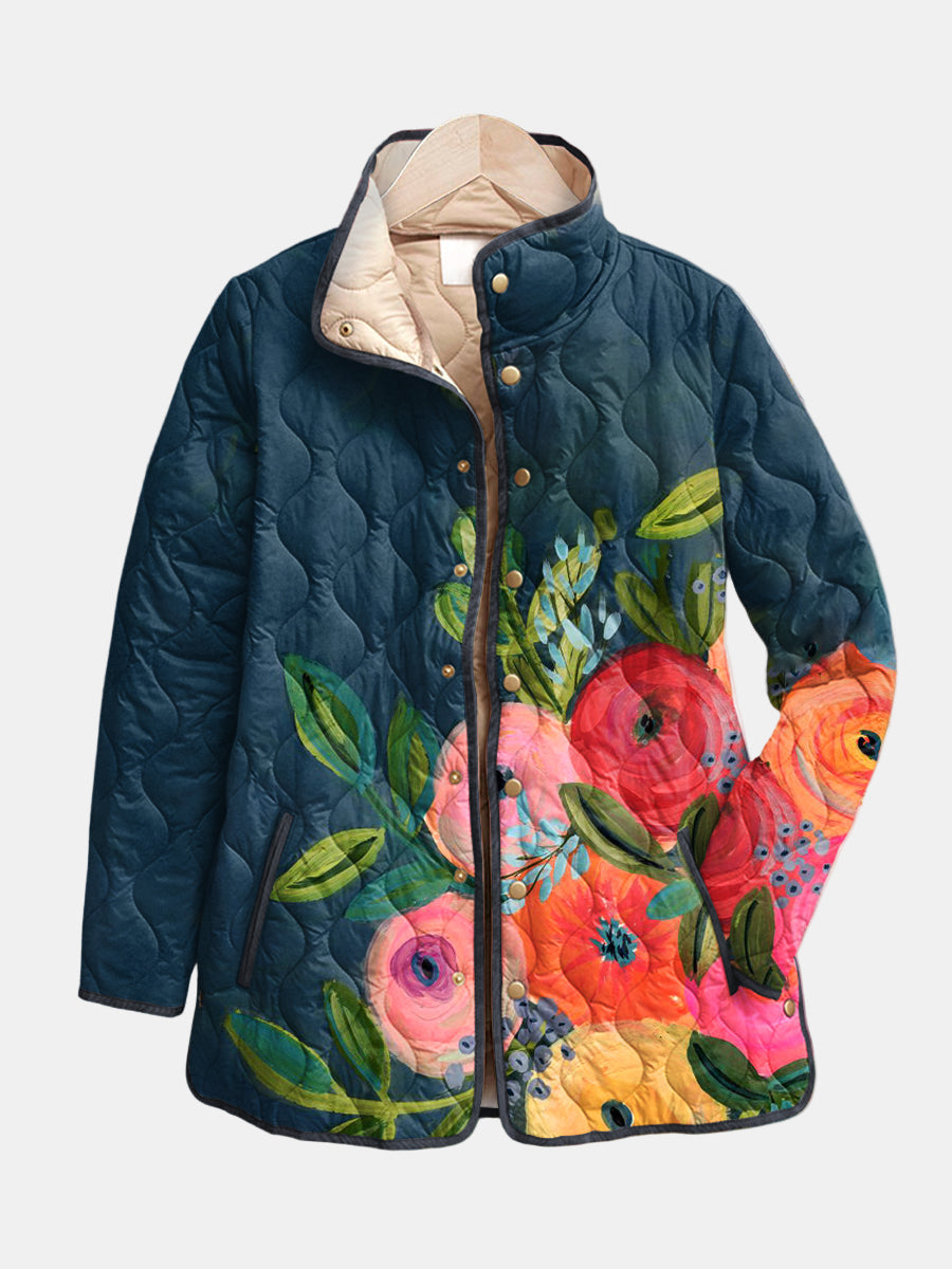 Scarlet - Women's Quilted Button-Front Jacket with Floral Print