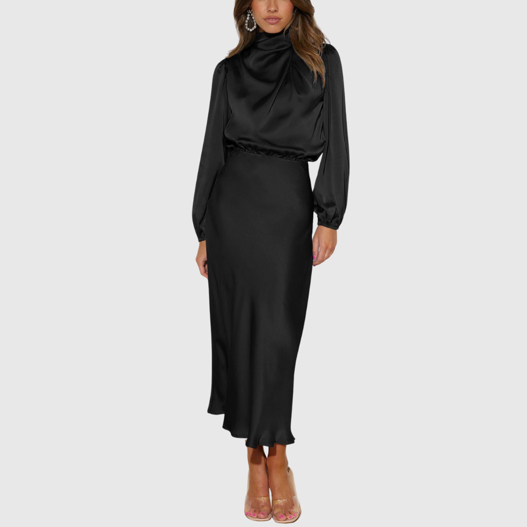 Sienna - Women's Draped High-Neck Satin Maxi Dress