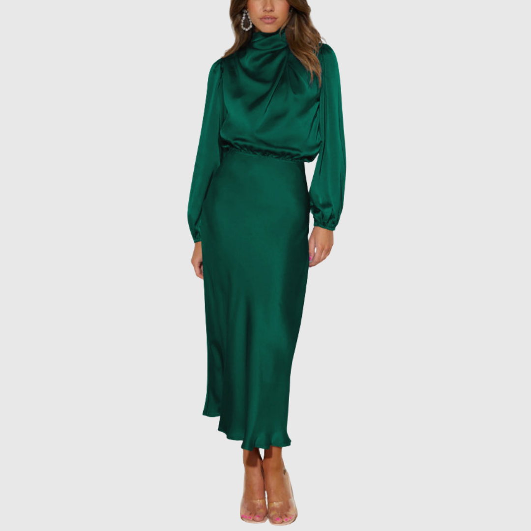 Sienna - Women's Draped High-Neck Satin Maxi Dress