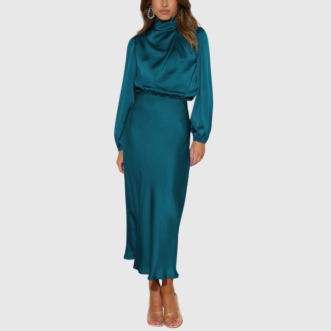 Sienna - Women's Draped High-Neck Satin Maxi Dress