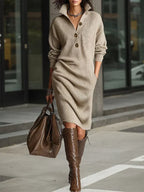 Stella - Women's Ribbed Collared Midi Dress