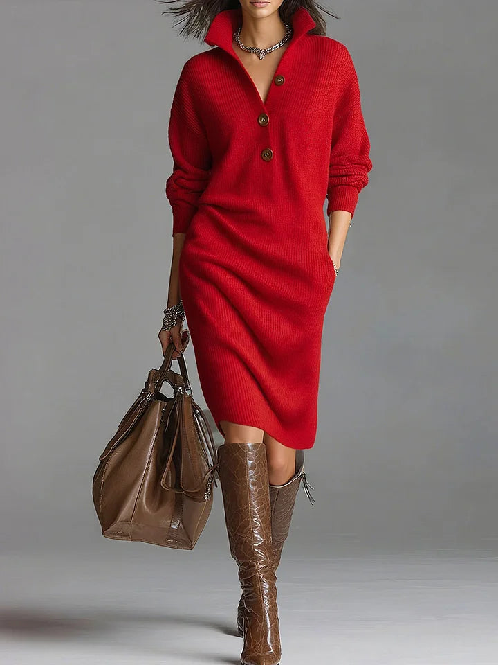 Stella - Women's Ribbed Collared Midi Dress