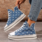 Talia - Women's Lace-Up Denim High-Top Sneakers with Rhinestone Embellishment