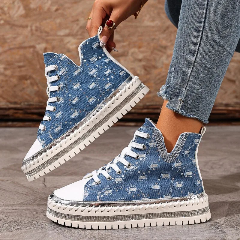 Talia - Women's Lace-Up Denim High-Top Sneakers with Rhinestone Embellishment
