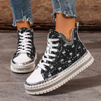 Talia - Women's Lace-Up Denim High-Top Sneakers with Rhinestone Embellishment