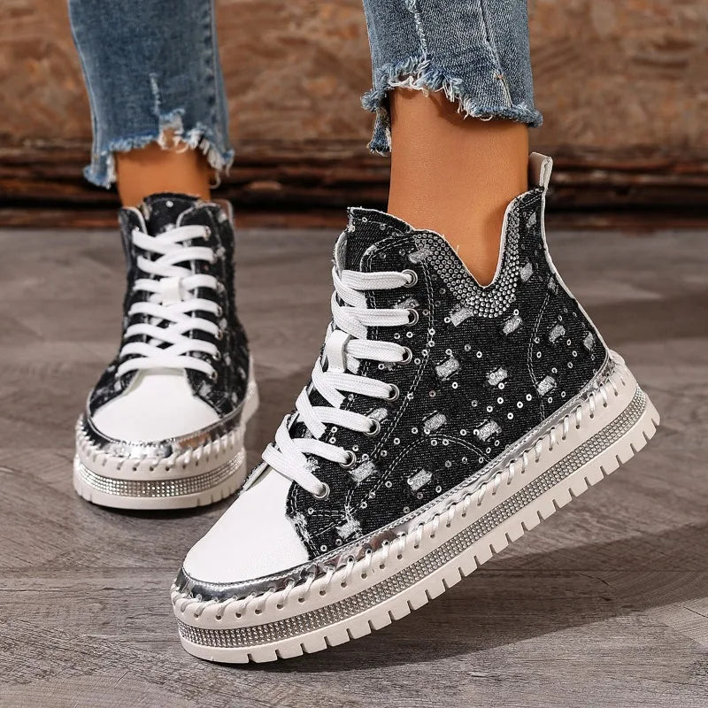 Talia - Women's Lace-Up Denim High-Top Sneakers with Rhinestone Embellishment