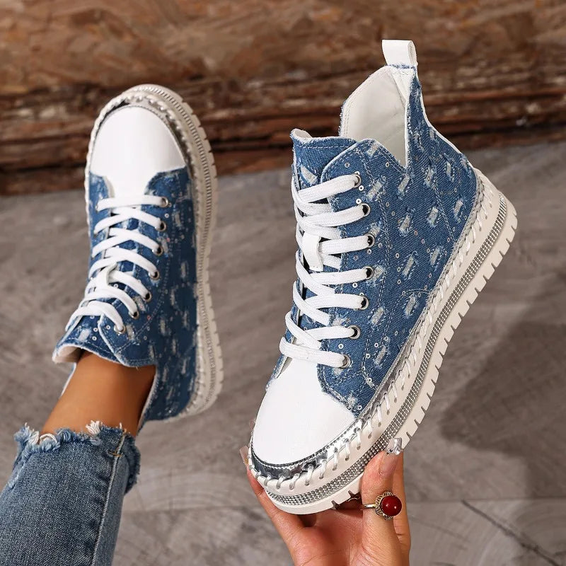 Talia - Women's Lace-Up Denim High-Top Sneakers with Rhinestone Embellishment