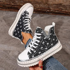 Talia - Women's Lace-Up Denim High-Top Sneakers with Rhinestone Embellishment