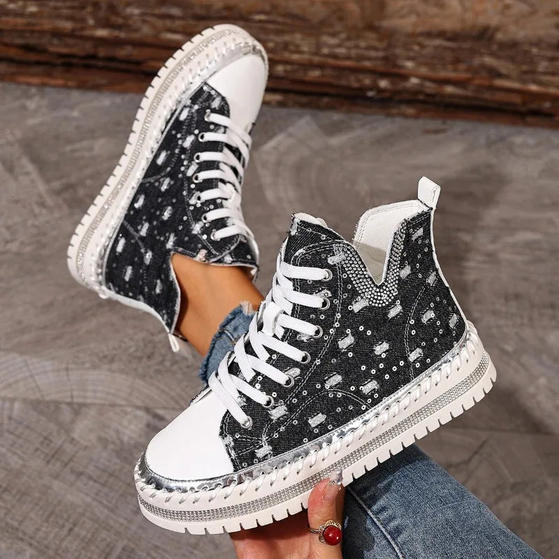 Talia - Women's Lace-Up Denim High-Top Sneakers with Rhinestone Embellishment