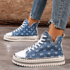 Talia - Women's Lace-Up Denim High-Top Sneakers with Rhinestone Embellishment