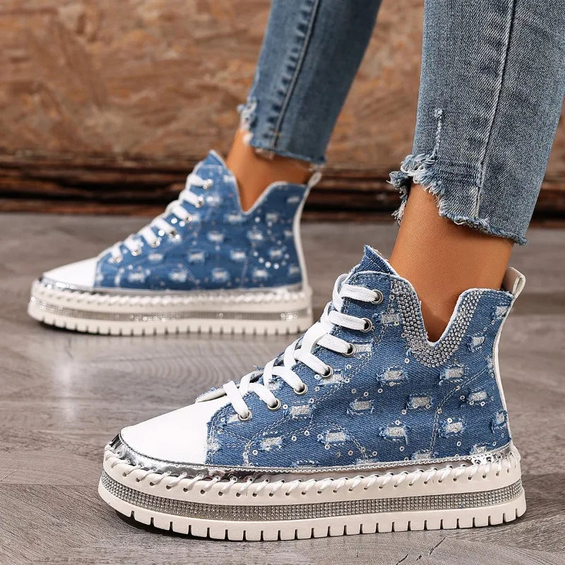 Talia - Women's Lace-Up Denim High-Top Sneakers with Rhinestone Embellishment