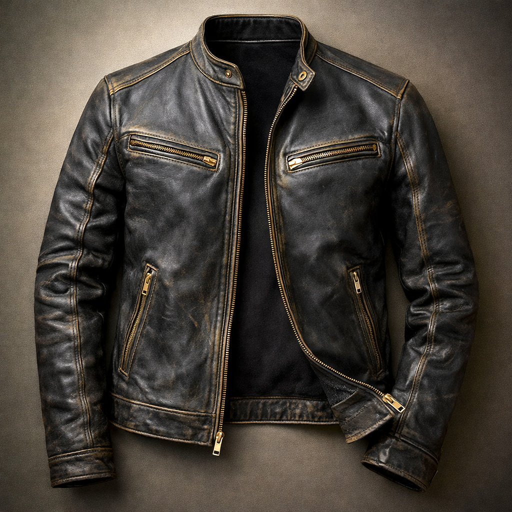 Theron - Men's Vintage Patina Leather Jacket with Zip Pockets