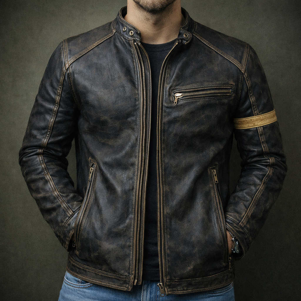 Theron - Men's Vintage Patina Leather Jacket with Zip Pockets