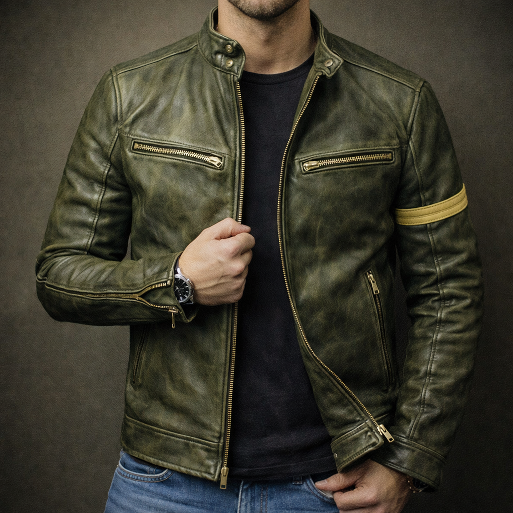 Theron - Men's Vintage Patina Leather Jacket with Zip Pockets