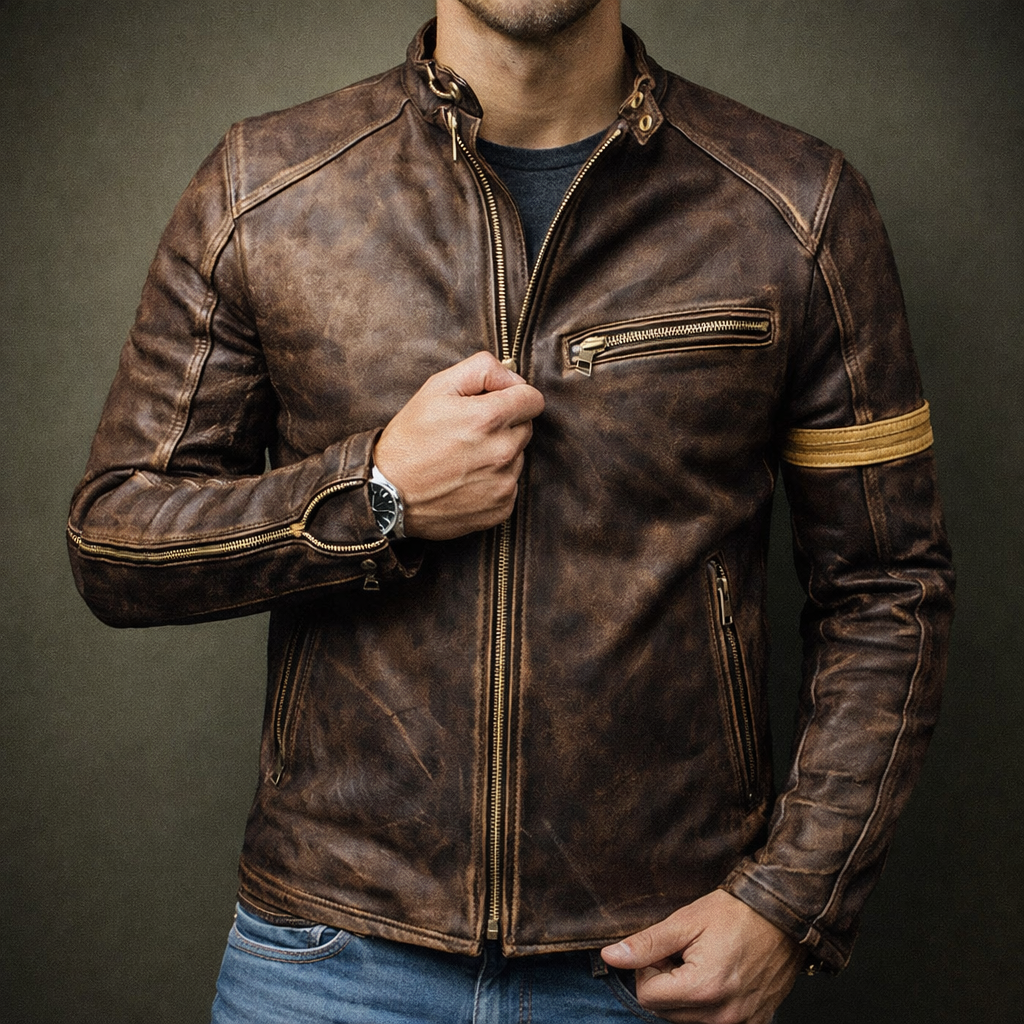 Theron - Men's Vintage Patina Leather Jacket with Zip Pockets