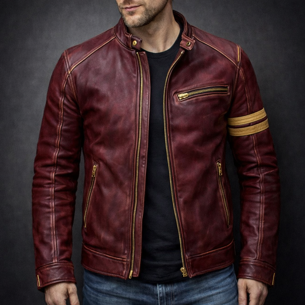 Theron - Men's Vintage Patina Leather Jacket with Zip Pockets