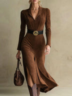 Veera - Women's Notch-Collar Faux Suede Midi Dress with Side Slit
