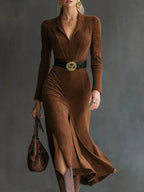 Veera - Women's Notch-Collar Faux Suede Midi Dress with Side Slit
