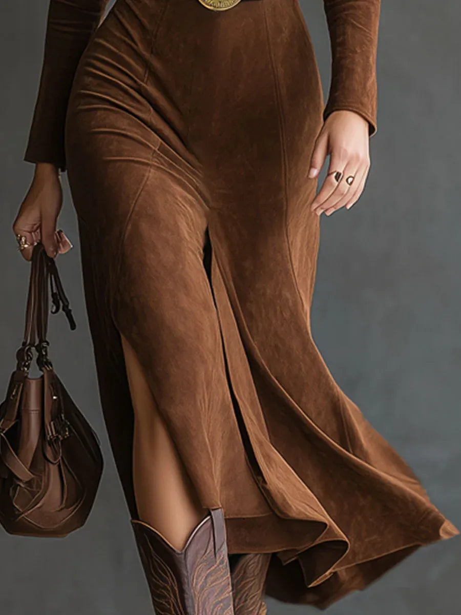 Veera - Women's Notch-Collar Faux Suede Midi Dress with Side Slit