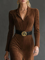 Veera - Women's Notch-Collar Faux Suede Midi Dress with Side Slit