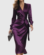 Venetia - Women's Satin Wrap Midi Dress with Tie Waist