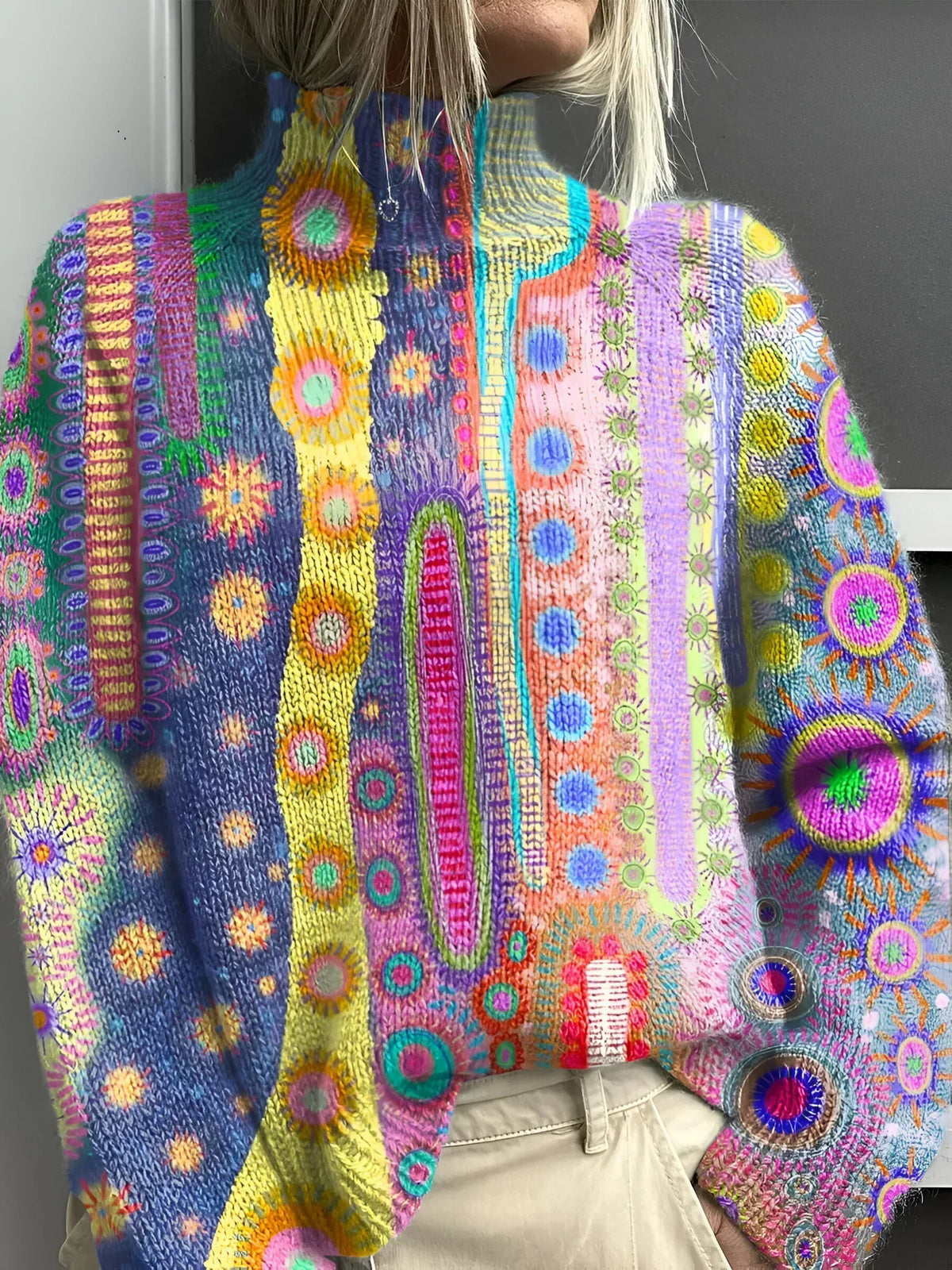 Wren - Women's Colorful Patterned Knit Turtleneck Sweater