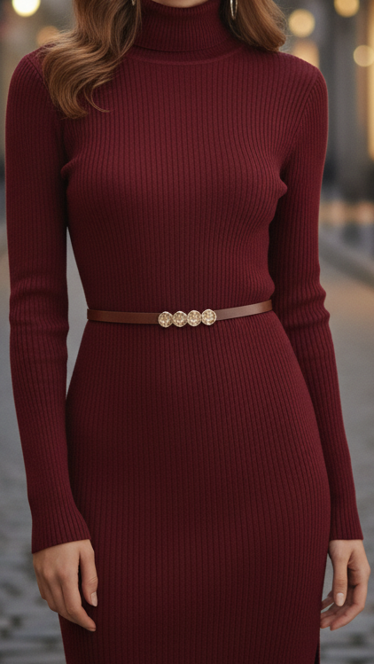 Zia - Women's Ribbed Turtleneck Midi Dress with Tapered Waist