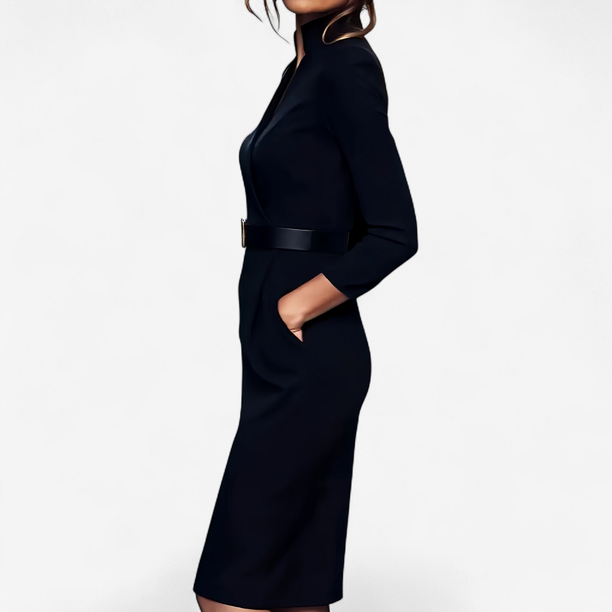 Zoe - Women's Buckle-Belted Wrap Dress with Three-Quarter Sleeves