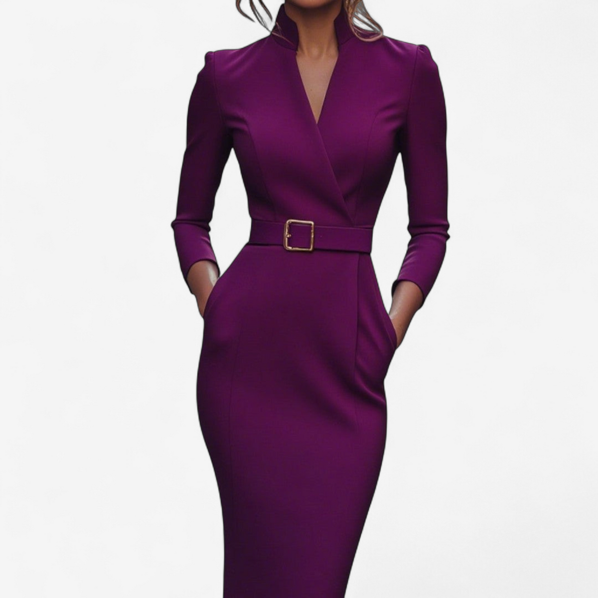 Zoe - Women's Buckle-Belted Wrap Dress with Three-Quarter Sleeves